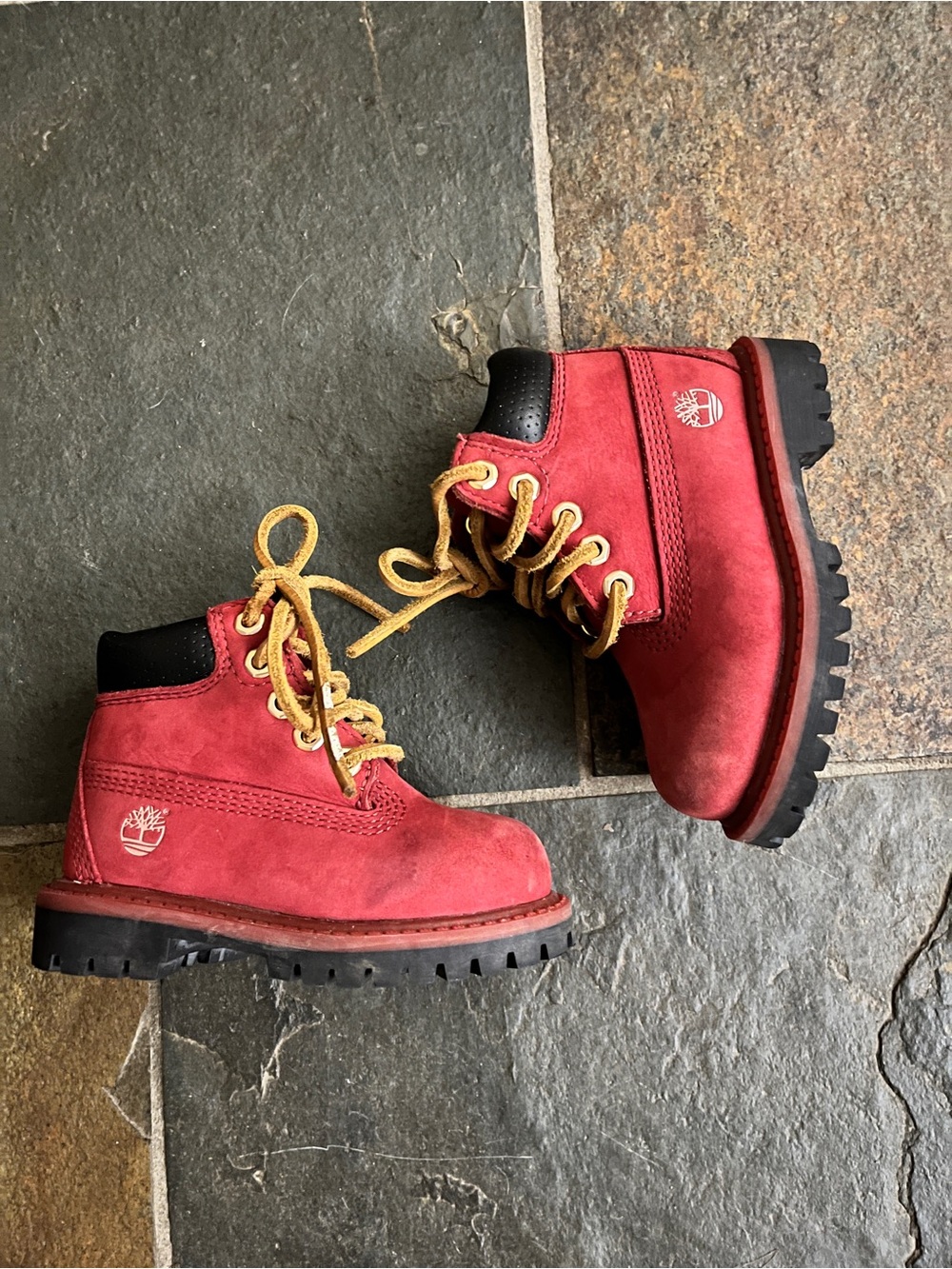 Timberland Red Suede Lace-Up Kids Boots with Black Collar